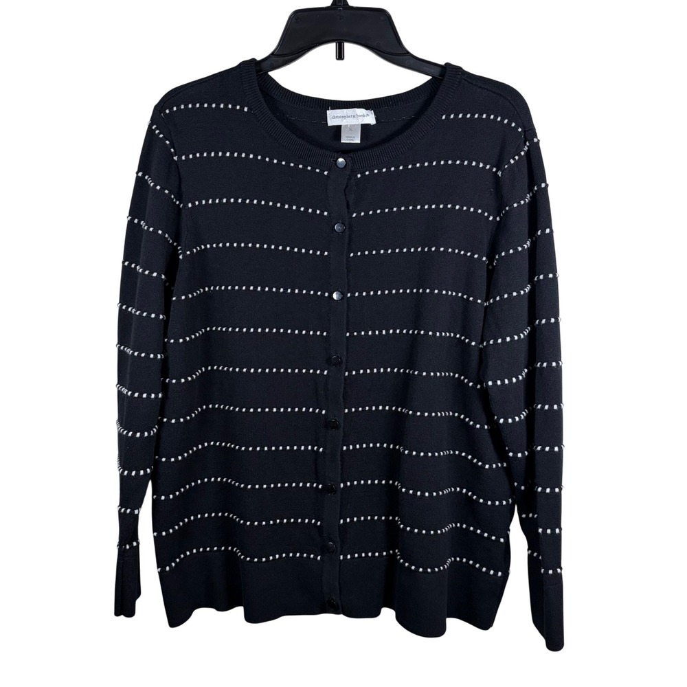 Christopher & Banks Dotted Stripe Button Front Cardigan Sweater Black White XL